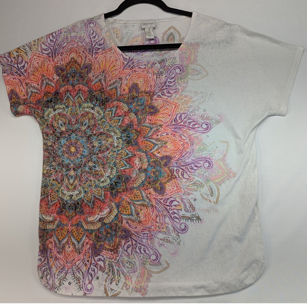 Zenergy by Chico's Tunic Top White Mandala Print Short Sleeve Size 1‎